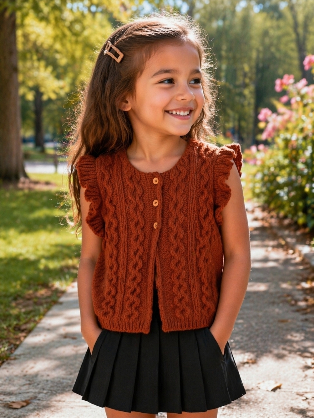 Cyrillus Kids Girls Ruffled Cable Knit Cardigan in Warm Rust, Size 6